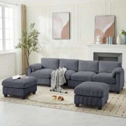 114.96 In Corduroy Modular U-Shaped Dark Grey Sectional Sofa With 2-Ottomans For Living Room And Spacious Space -More Furniture Store dark grey jearey sectional sofas dxrzjsf6 dark grey c3 1000