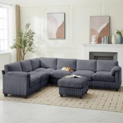 115 In. Corduroy Modular L-Shaped Dark Grey 7-Seat Sectional Sofa For Living Room And Spacious Space -More Furniture Store dark grey jearey sectional sofas dxrzjsf7 dark grey 31 1000