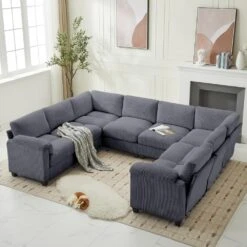 115 In. Corduroy Modular U-Shaped Dark Grey 8-Seat Sectional Sofa For Living Room And Spacious Space