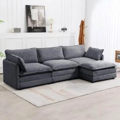 112 In. W 4-Piece Modern Straight Arm Corduroy Fabric L-Shaped Sectional Sofa With Ottoman In Dark Grey -More Furniture Store dark grey jearey sectional sofas e46sf 3 dr 31 1000