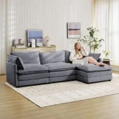 112 In. W 4-Piece Modern Straight Arm Corduroy Fabric L-Shaped Sectional Sofa With Ottoman In Dark Grey -More Furniture Store dark grey jearey sectional sofas e46sf 3 dr 4f 1000