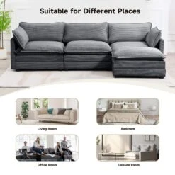 112 In. W 4-Piece Modern Straight Arm Corduroy Fabric L-Shaped Sectional Sofa With Ottoman In Dark Grey -More Furniture Store dark grey jearey sectional sofas e46sf 3 dr 66 1000