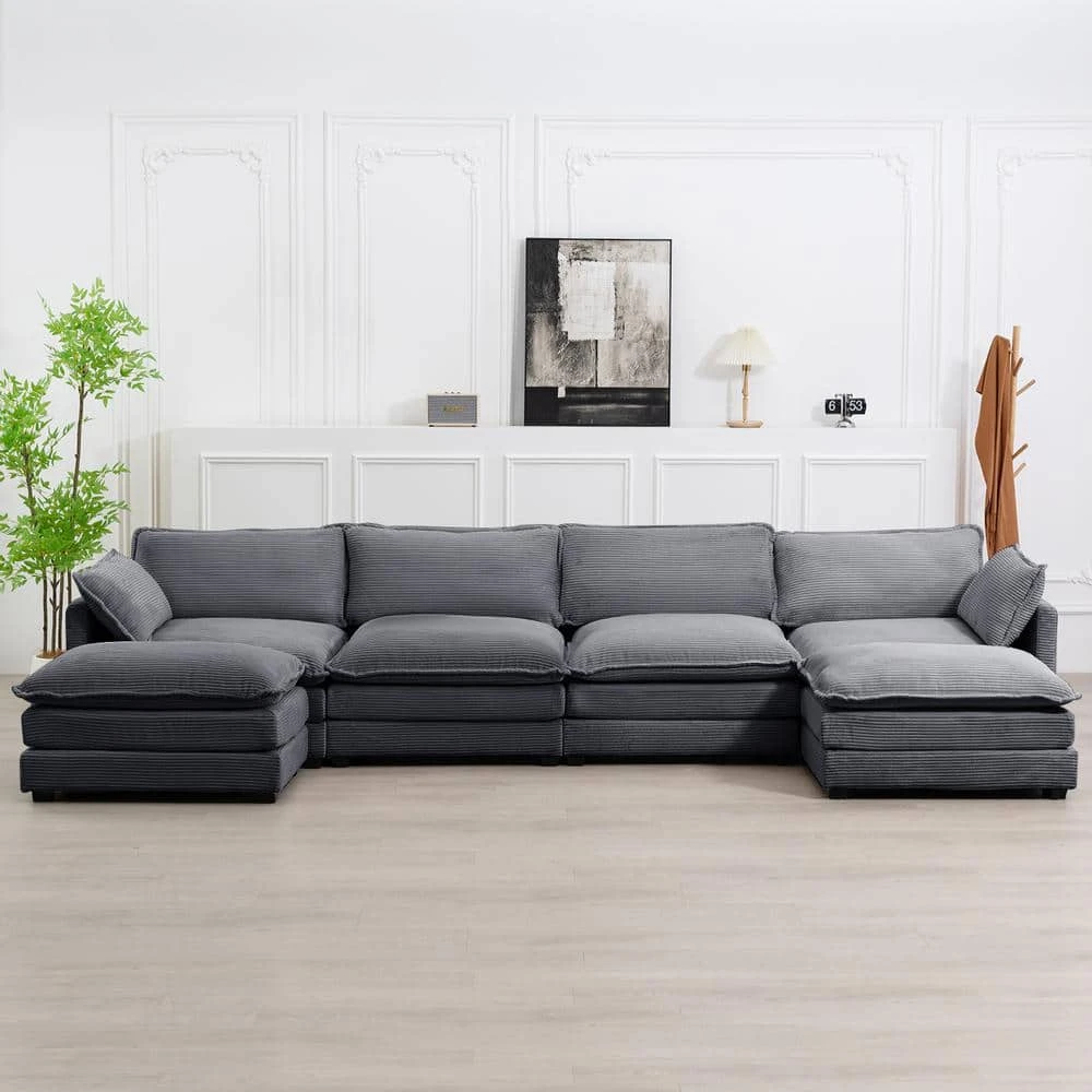 147 In. W 6-Piece Modern Fabric Sectional Sofa With Ottoman In Dark Grey 1 147 In. W 6-Piece Modern Fabric Sectional Sofa With Ottoman In Dark Grey
