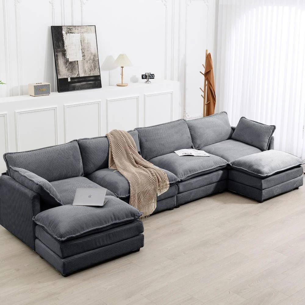 147 In. W 6-Piece Modern Fabric Sectional Sofa With Ottoman In Dark Grey 2 147 In. W 6-Piece Modern Fabric Sectional Sofa With Ottoman In Dark Grey - Image 2