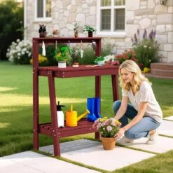 45.5 In. H X 34.8 In. W X 17.7 In. D Dark Red HDPE Potting Bench Table, Multi-Purpose Plant And Storage Shelf -More Furniture Store dark red jearey potting benches and tables jyyygzt ah 31 1000