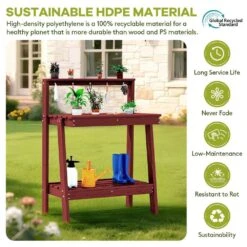 45.5 In. H X 34.8 In. W X 17.7 In. D Dark Red HDPE Potting Bench Table, Multi-Purpose Plant And Storage Shelf -More Furniture Store dark red jearey potting benches and tables jyyygzt ah 44 1000