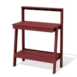 45.5 In. H X 34.8 In. W X 17.7 In. D Dark Red HDPE Potting Bench Table, Multi-Purpose Plant And Storage Shelf