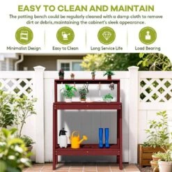 45.5 In. H X 34.8 In. W X 17.7 In. D Dark Red HDPE Potting Bench Table, Multi-Purpose Plant And Storage Shelf -More Furniture Store dark red jearey potting benches and tables jyyygzt ah 76 1000