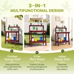 45.5 In. H X 34.8 In. W X 17.7 In. D Dark Red HDPE Potting Bench Table, Multi-Purpose Plant And Storage Shelf -More Furniture Store dark red jearey potting benches and tables jyyygzt ah c3 1000