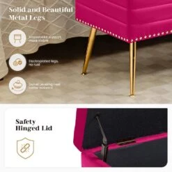 Velvet Fushia Storage Ottoman Entryway Bench With Gold Base And Diamond Tufted Design For Living Room -More Furniture Store fushia jearey bedroom benches ykcw fushia 1f 1000
