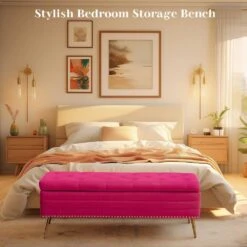 Velvet Fushia Storage Ottoman Entryway Bench With Gold Base And Diamond Tufted Design For Living Room -More Furniture Store fushia jearey bedroom benches ykcw fushia 31 1000