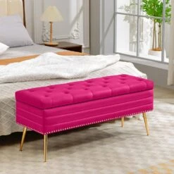 Velvet Fushia Storage Ottoman Entryway Bench With Gold Base And Diamond Tufted Design For Living Room