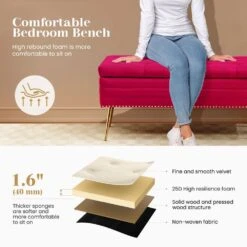 Velvet Fushia Storage Ottoman Entryway Bench With Gold Base And Diamond Tufted Design For Living Room -More Furniture Store fushia jearey bedroom benches ykcw fushia c3 1000