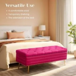 Velvet Fushia Storage Ottoman Entryway Bench With Gold Base And Diamond Tufted Design For Living Room -More Furniture Store fushia jearey bedroom benches ykcw fushia fa 1000