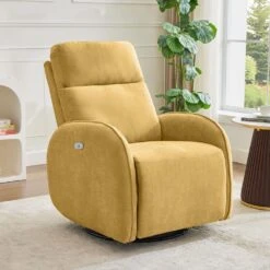 Chenille Gold 3-Position Swivel Power Nursery Recliner With USB And Induction Light Strip For Living Room -More Furniture Store gold jearey recliners dmtty yellow 31 1000