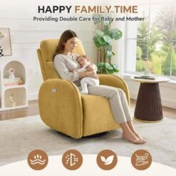 Chenille Gold 3-Position Swivel Power Nursery Recliner With USB And Induction Light Strip For Living Room -More Furniture Store gold jearey recliners dmtty yellow 76 1000