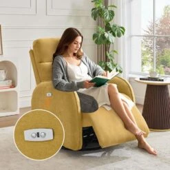 Chenille Gold 3-Position Swivel Power Nursery Recliner With USB And Induction Light Strip For Living Room -More Furniture Store gold jearey recliners dmtty yellow c3 1000