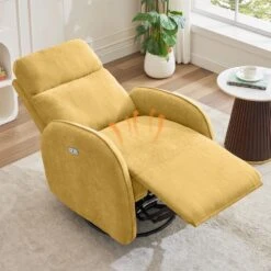 Chenille Gold 3-Position Swivel Power Nursery Recliner With USB And Induction Light Strip For Living Room -More Furniture Store gold jearey recliners dmtty yellow fa 1000