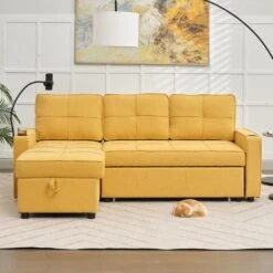 82.3 In. Gold Multi-functional Fabric Queen Size Sofa Bed With Cup Holder USB Port And Side Pockets -More Furniture Store gold jearey sofa beds rmlc golden 31 1000