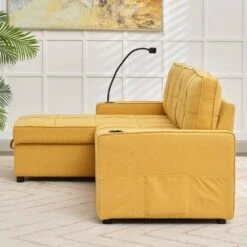 82.3 In. Gold Multi-functional Fabric Queen Size Sofa Bed With Cup Holder USB Port And Side Pockets -More Furniture Store gold jearey sofa beds rmlc golden 44 1000