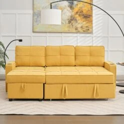 82.3 In. Gold Multi-functional Fabric Queen Size Sofa Bed With Cup Holder USB Port And Side Pockets -More Furniture Store gold jearey sofa beds rmlc golden 4f 1000