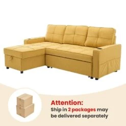 82.3 In. Gold Multi-functional Fabric Queen Size Sofa Bed With Cup Holder USB Port And Side Pockets -More Furniture Store gold jearey sofa beds rmlc golden 66 1000