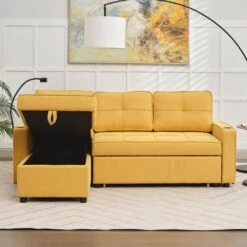 82.3 In. Gold Multi-functional Fabric Queen Size Sofa Bed With Cup Holder USB Port And Side Pockets -More Furniture Store gold jearey sofa beds rmlc golden c3 1000