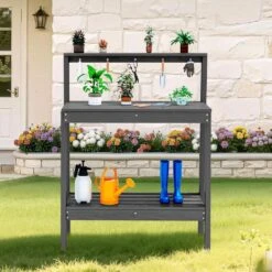 45.5 In. H X 34.8 In. W X 17.7 In. D Gray HDPE Potting Bench Table, Multi-Purpose Plant And Storage Shelf