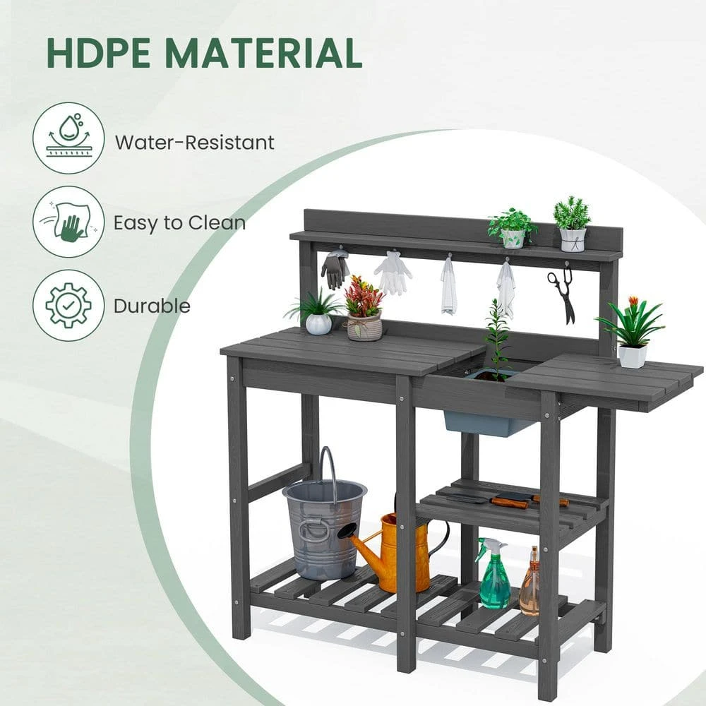 40.94 In. W X 47.24 In. H Gray HDPE Weather-Resistant Garden Potting Bench Table With Storage Shelf 3 40.94 In. W X 47.24 In. H Gray HDPE Weather-Resistant Garden Potting Bench Table With Storage Shelf - Image 3