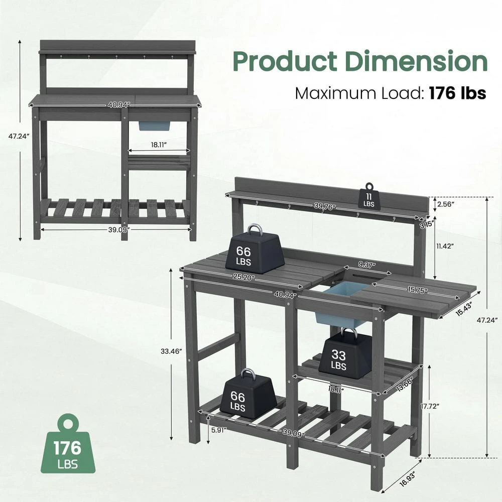 40.94 In. W X 47.24 In. H Gray HDPE Weather-Resistant Garden Potting Bench Table With Storage Shelf 7 40.94 In. W X 47.24 In. H Gray HDPE Weather-Resistant Garden Potting Bench Table With Storage Shelf - Image 7
