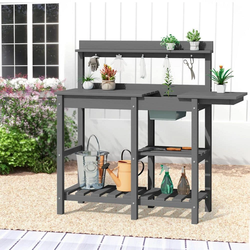 40.94 In. W X 47.24 In. H Gray HDPE Weather-Resistant Garden Potting Bench Table With Storage Shelf 2 40.94 In. W X 47.24 In. H Gray HDPE Weather-Resistant Garden Potting Bench Table With Storage Shelf - Image 2