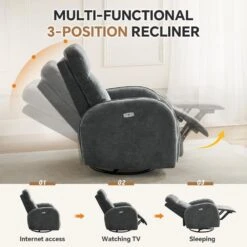 Chenille Gray 3-Position Swivel Power Nursery Recliner With USB And Induction Light Strip For Living Room 12 Chenille Gray 3-Position Swivel Power Nursery Recliner With USB And Induction Light Strip For Living Room -More Furniture Store gray jearey recliners dmtty grey 4f 1000