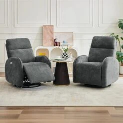 Chenille Gray 3-Position Swivel Power Nursery Recliner With USB And Induction Light Strip For Living Room (Set Of 2) -More Furniture Store gray jearey recliners rc sw burgundy 31 1000