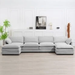 147 In. W 6-Piece Modern Fabric Sectional Sofa With Ottoman In Gray