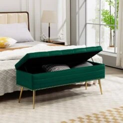 Velvet Green Storage Ottoman Entryway Bench With Gold Base And Diamond Tufted Design For Living Room -More Furniture Store green jearey bedroom benches ykcw green 44 1000
