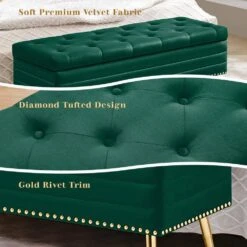 Velvet Green Storage Ottoman Entryway Bench With Gold Base And Diamond Tufted Design For Living Room -More Furniture Store green jearey bedroom benches ykcw green 4f 1000