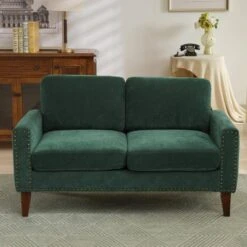 Sanfe 57 In. Green Solid Fabric 2-Seat Loveseat With Nailhead