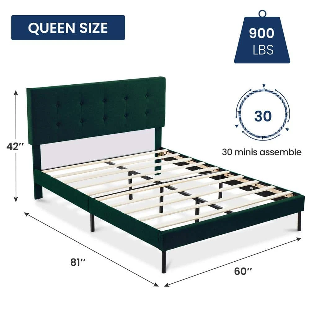 Alex Green Queen Upholstered Platform Bed Frame With Headboard 3 Alex Green Queen Upholstered Platform Bed Frame With Headboard - Image 3