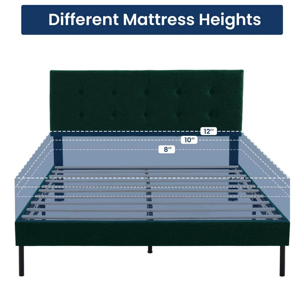 Alex Green Queen Upholstered Platform Bed Frame With Headboard 4 Alex Green Queen Upholstered Platform Bed Frame With Headboard - Image 4