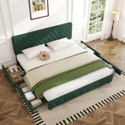 Green King Linen Upholstered Storage Platform Bed Frame With Headboard -More Furniture Store green jearey platform beds e11xxy 2 gy 31 1000