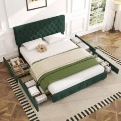 Green Full Linen Upholstered Storage Platform Bed Frame With Headboard -More Furniture Store green jearey platform beds slssfy green 31 1000