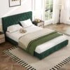 Green Full Linen Upholstered Storage Platform Bed Frame With Headboard