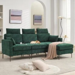 89 In. Square Arm Fabric L Shape Sectional Sofa With Chaise Lounge And Pillow In Green -More Furniture Store green jearey sofas couches xne 1 green 31 1000