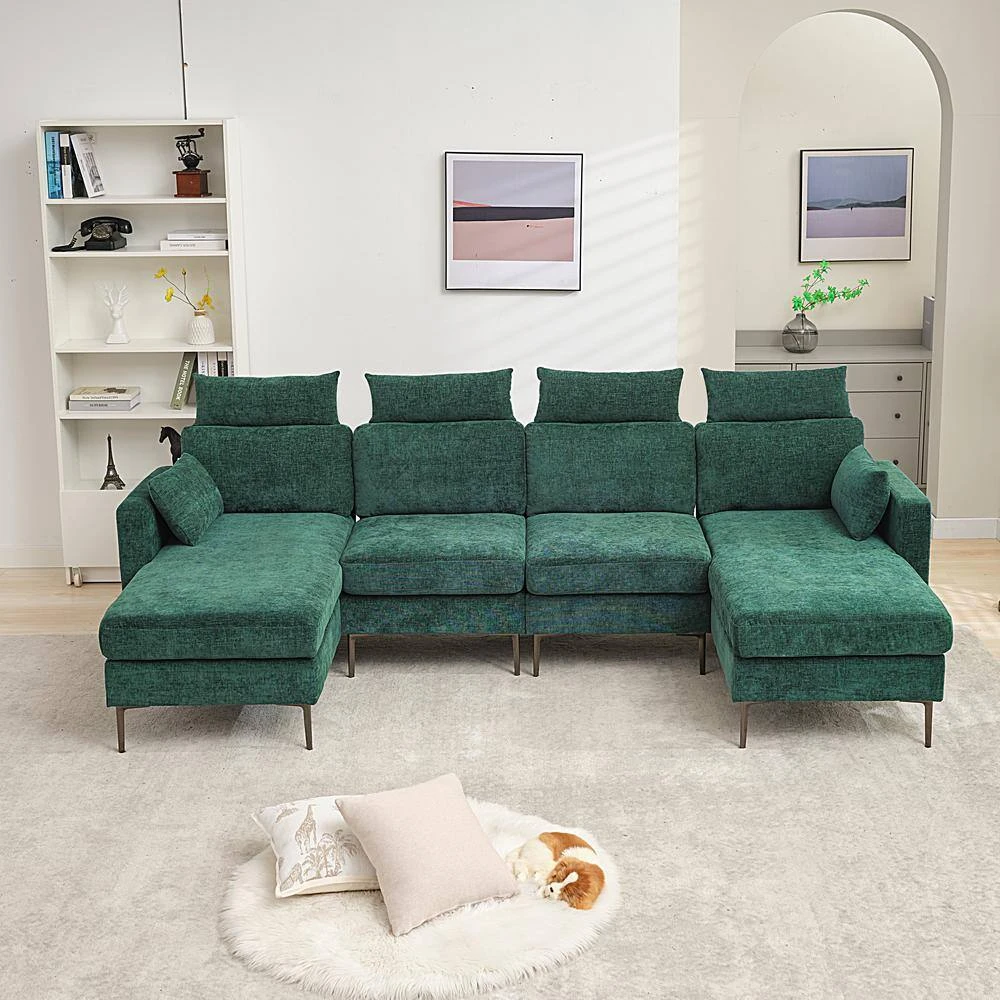 116.53 In. Square Arm Fabric U Shape Sectional Sofa With 2-Chaise Lounge And Pillow In Green 5 116.53 In. Square Arm Fabric U Shape Sectional Sofa With 2-Chaise Lounge And Pillow In Green - Image 5