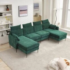 116.53 In. Square Arm Fabric U Shape Sectional Sofa With 2-Chaise Lounge And Pillow In Green 13 116.53 In. Square Arm Fabric U Shape Sectional Sofa With 2-Chaise Lounge And Pillow In Green -More Furniture Store green jearey sofas couches xne 2 green 31 1000