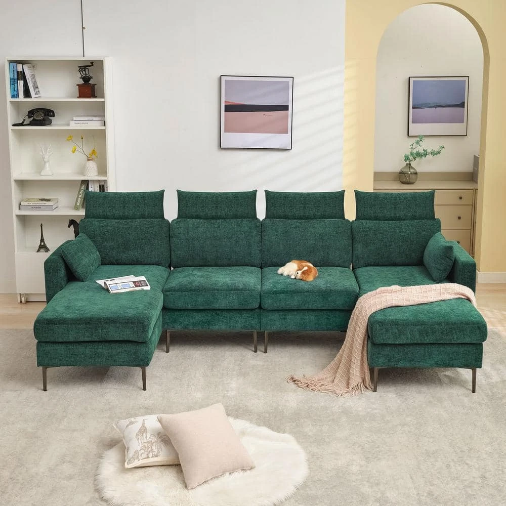 116.53 In. Square Arm Fabric U Shape Sectional Sofa With 2-Chaise Lounge And Pillow In Green 1 116.53 In. Square Arm Fabric U Shape Sectional Sofa With 2-Chaise Lounge And Pillow In Green
