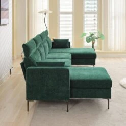 116.53 In. Square Arm Fabric U Shape Sectional Sofa With 2-Chaise Lounge And Pillow In Green 9 116.53 In. Square Arm Fabric U Shape Sectional Sofa With 2-Chaise Lounge And Pillow In Green -More Furniture Store green jearey sofas couches xne 2 green c3 1000