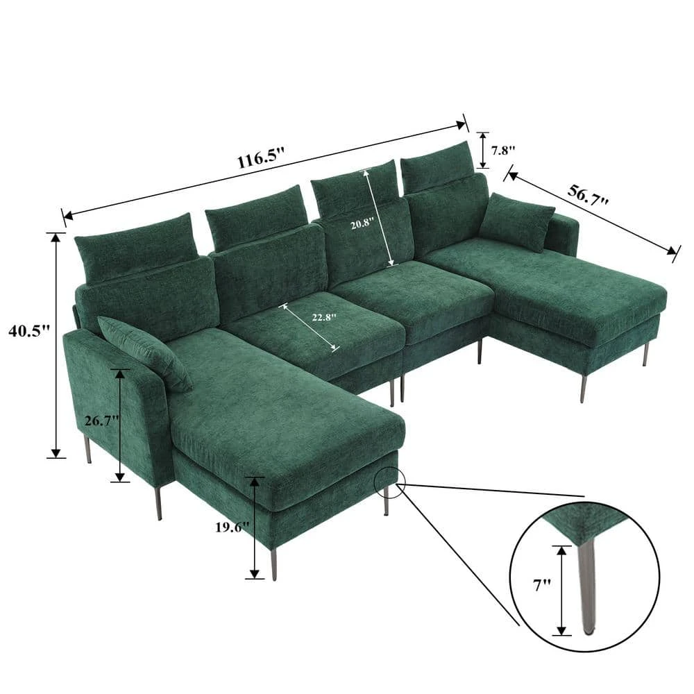 116.53 In. Square Arm Fabric U Shape Sectional Sofa With 2-Chaise Lounge And Pillow In Green 2 116.53 In. Square Arm Fabric U Shape Sectional Sofa With 2-Chaise Lounge And Pillow In Green - Image 2