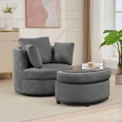 Modern Grey Corduroy Accent Armchair With Pillows And Storage Ottoman -More Furniture Store grey jearey accent chairs bywy grey 31 1000