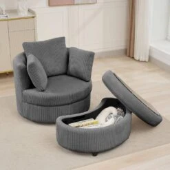 Modern Grey Corduroy Accent Armchair With Pillows And Storage Ottoman -More Furniture Store grey jearey accent chairs bywy grey 4f 1000